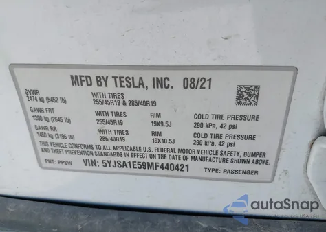 2021 Tesla Model S Long Range Dual Motor All-Wheel Drive z USA, uszkodzony, nr VIN 5YJSA1E59MF440421
